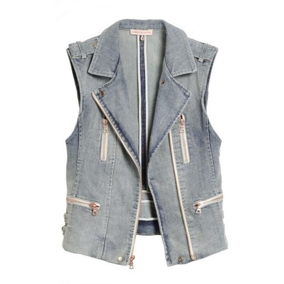 Rebecca Taylor Biker Moto Denim Vest Sleeveless Jacket Zipper Light Wash Gilet S - Picture 4 of 16